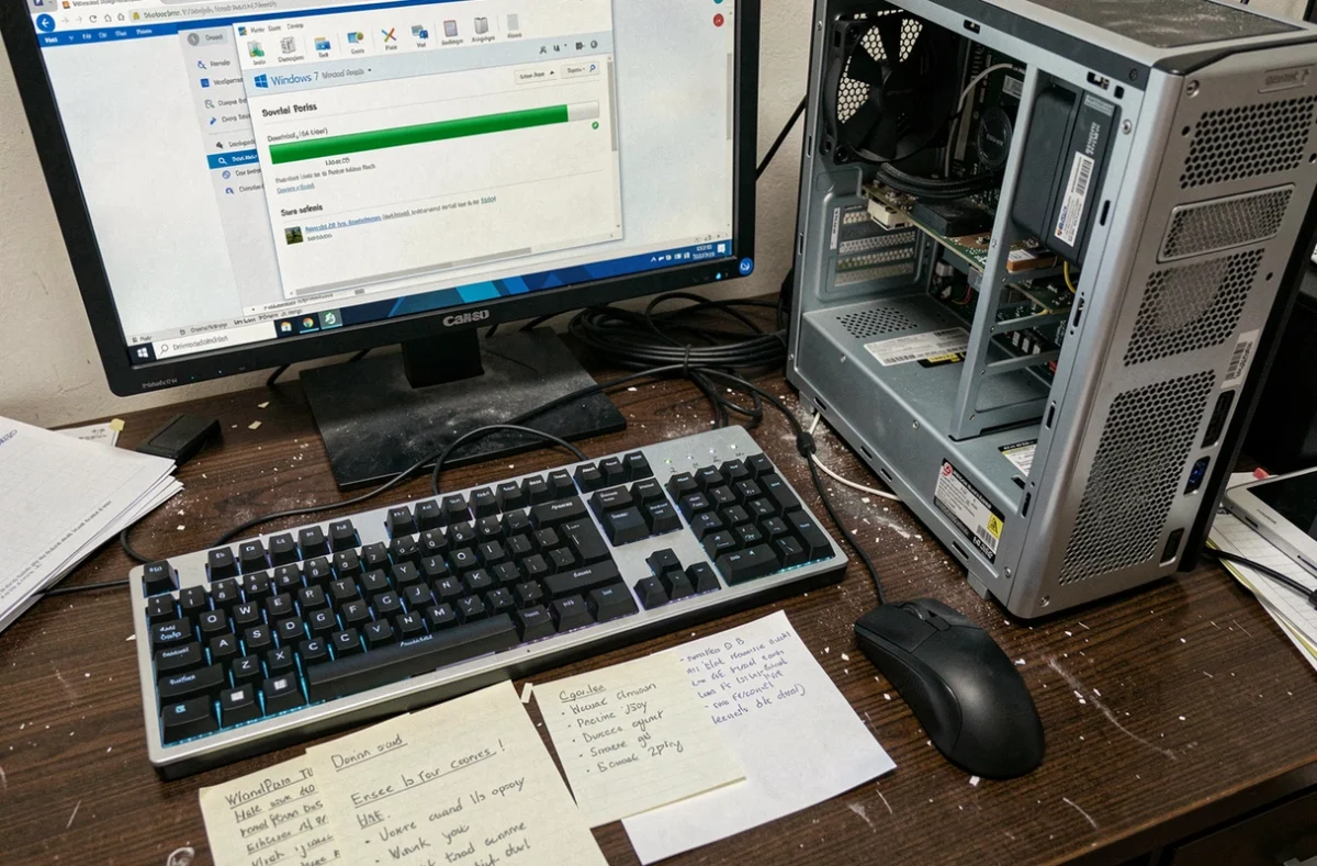 Bureau informatique avec PC ouvert et téléchargement d'un ISO Windows 7 64 bits visible à l'écran