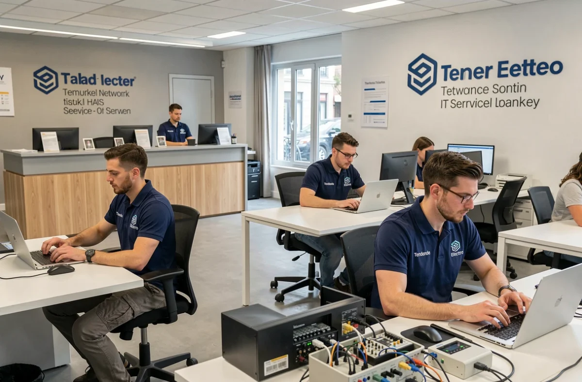 Équipe de techniciens du réseau Tendance Electro travaillant dans un espace professionnel à Paris