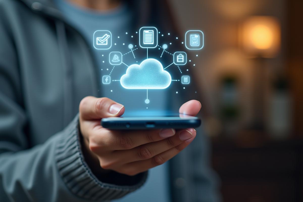 Main tenant un smartphone transférant des documents vers le cloud