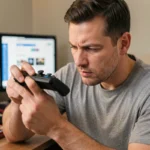 Homme cherchant le code d'activation sur la télécommande d'une console de jeu à son bureau