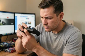 Homme cherchant le code d'activation sur la télécommande d'une console de jeu à son bureau