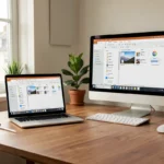 Un portable et un écran de bureau affichant les mêmes dossiers