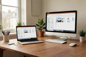 Un portable et un écran de bureau affichant les mêmes dossiers