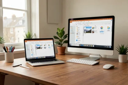 Un portable et un écran de bureau affichant les mêmes dossiers