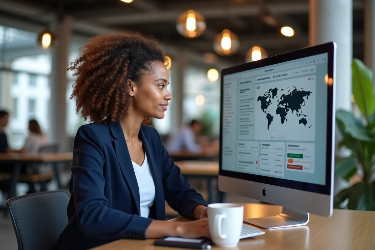 Femme réalisant une veille technologique sur grand écran dans un espace de coworking
