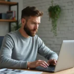Homme consultant l'actualité tech sur un ordinateur portable dans un bureau moderne à domicile