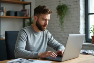 Homme consultant l'actualité tech sur un ordinateur portable dans un bureau moderne à domicile