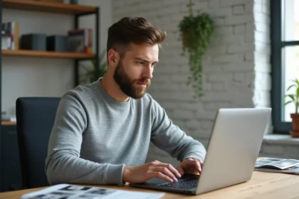 Homme consultant l'actualité tech sur un ordinateur portable dans un bureau moderne à domicile