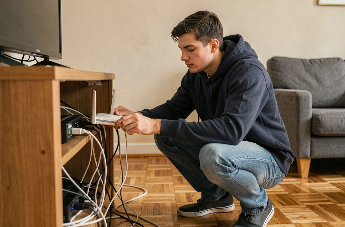 Homme vérifiant les câbles et le routeur défaillant d'une connexion Convergence à Grenoble