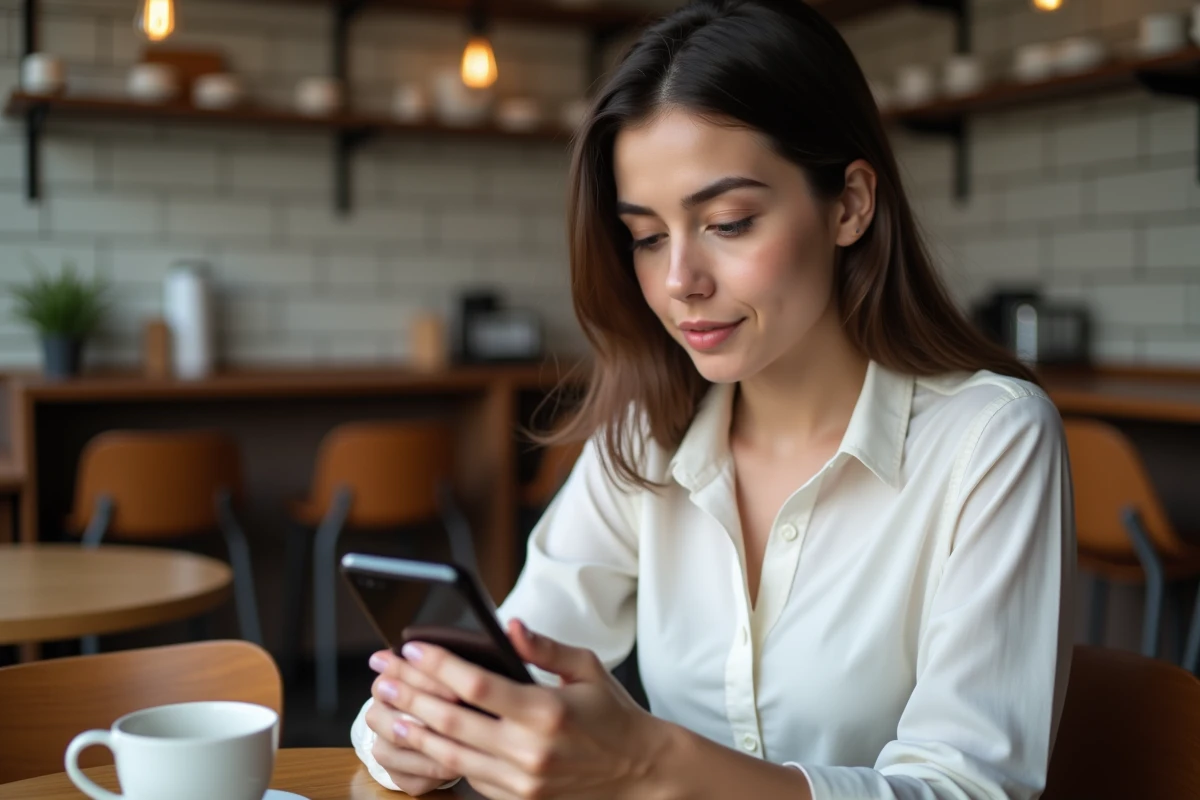 Jeune femme paramétrant le webmail Dsden19 sur smartphone Android dans un café