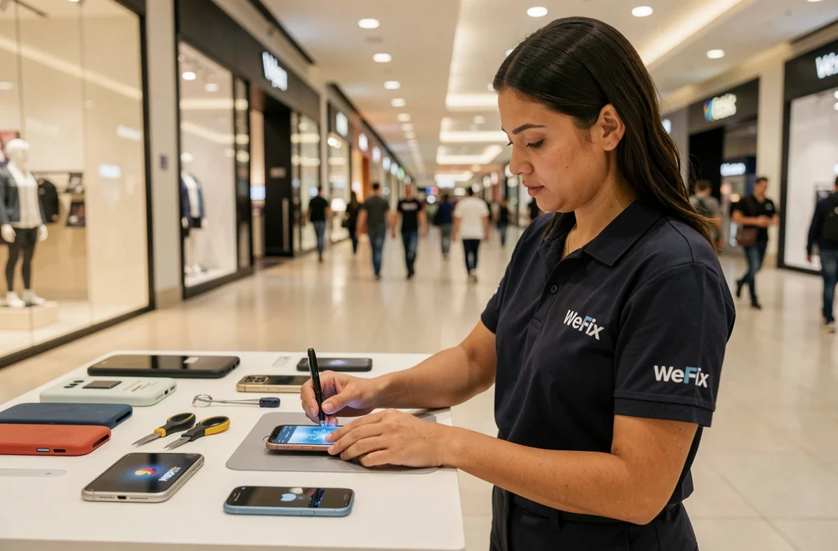 Technicienne WeFix réparant un smartphone dans un centre commercial à Mulhouse