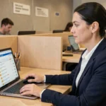 Étudiante universitaire utilisant une messagerie Zimbra sur un ordinateur portable dans un espace de travail numérique académique