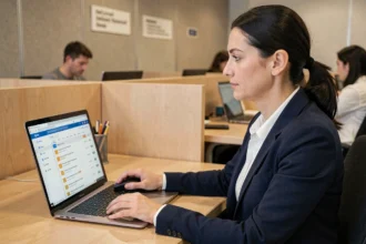 Étudiante universitaire utilisant une messagerie Zimbra sur un ordinateur portable dans un espace de travail numérique académique