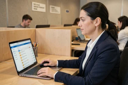 Étudiante universitaire utilisant une messagerie Zimbra sur un ordinateur portable dans un espace de travail numérique académique